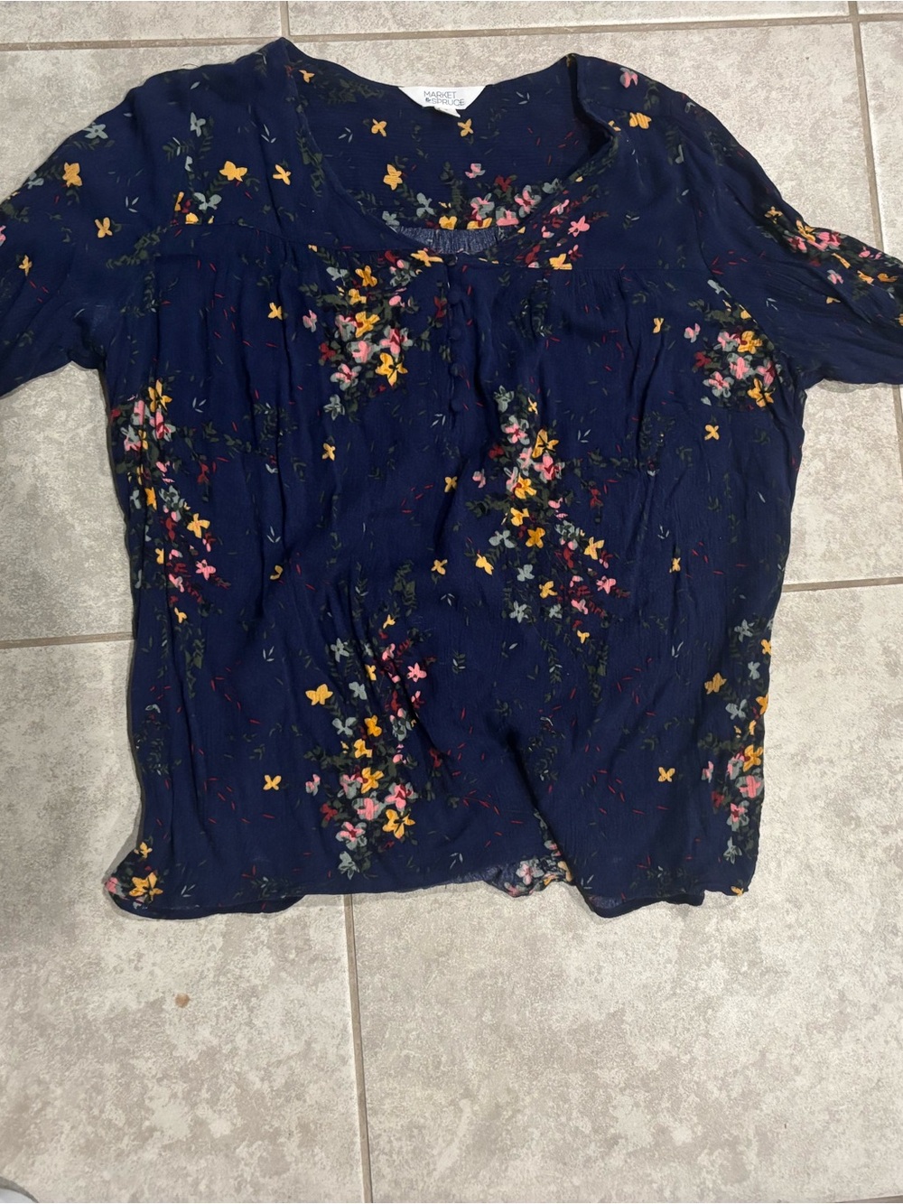 Market & Spruce Navy Floral Short Sleeve Scoop Neck Top